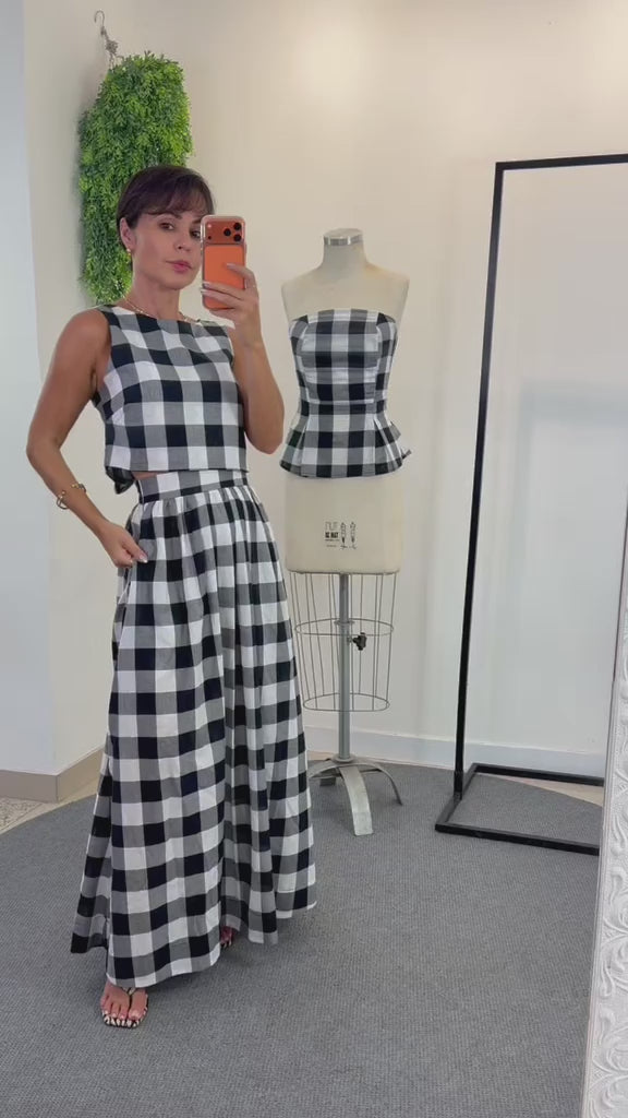 Saia Xadrez Feminina em Tricoline de Algodão - Flamboyant